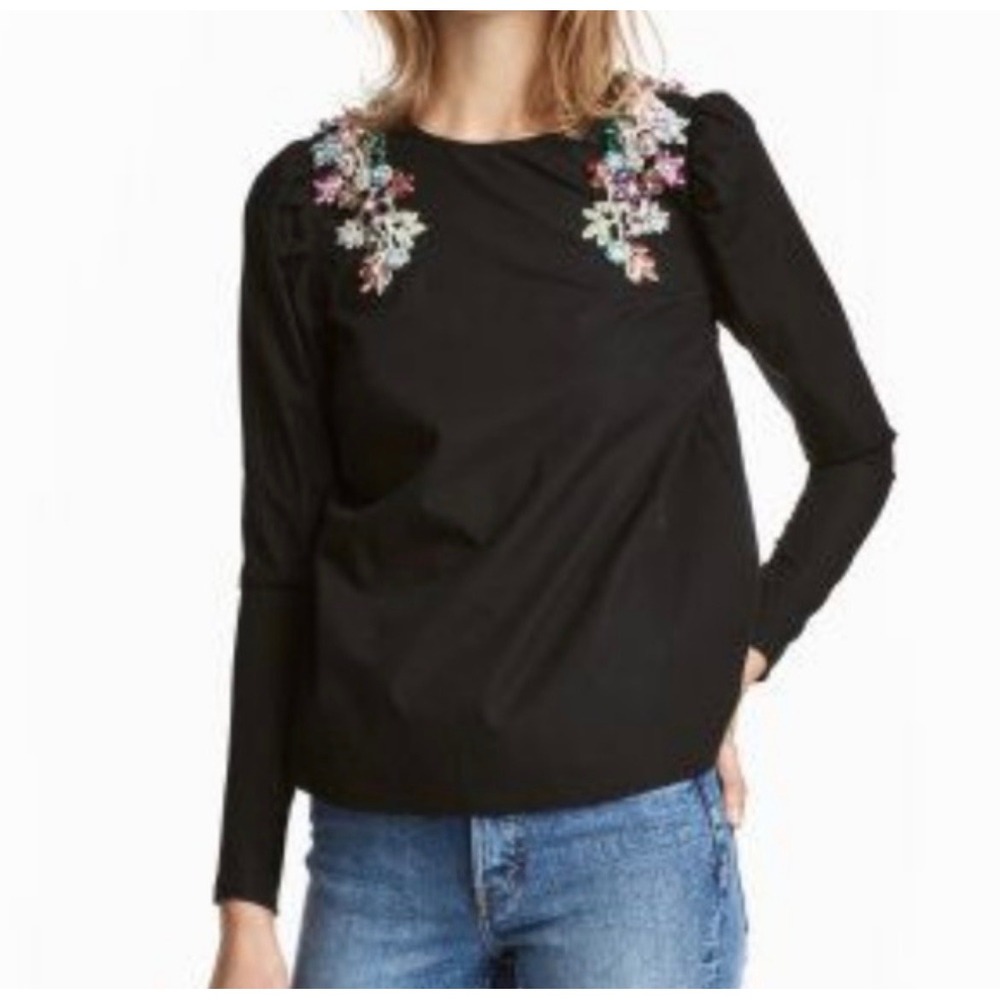 H&M Embellished Blouse Womens 4 Black Jeweled Floral Shoulder Cotton Poplin Top